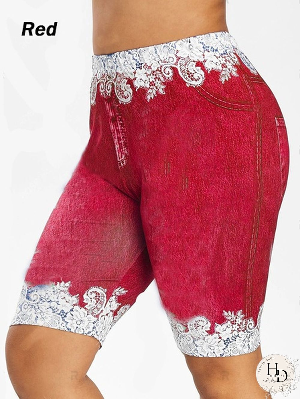 Womens Fashion New Plus Size Denim Leggings Summer Floral Printed Shorts Fitted Faux Jean