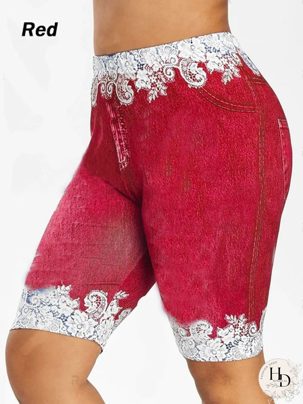 Womens Fashion New Plus Size Denim Leggings Summer Floral Printed Shorts Fitted Faux Jean