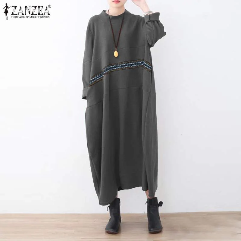 ZANZEA Patchwork Long Sleeves Midi Robe Women's Autumn Sweatshirt Dress Lady Casual Solid Vestidos O Neck Sundress Oversized
