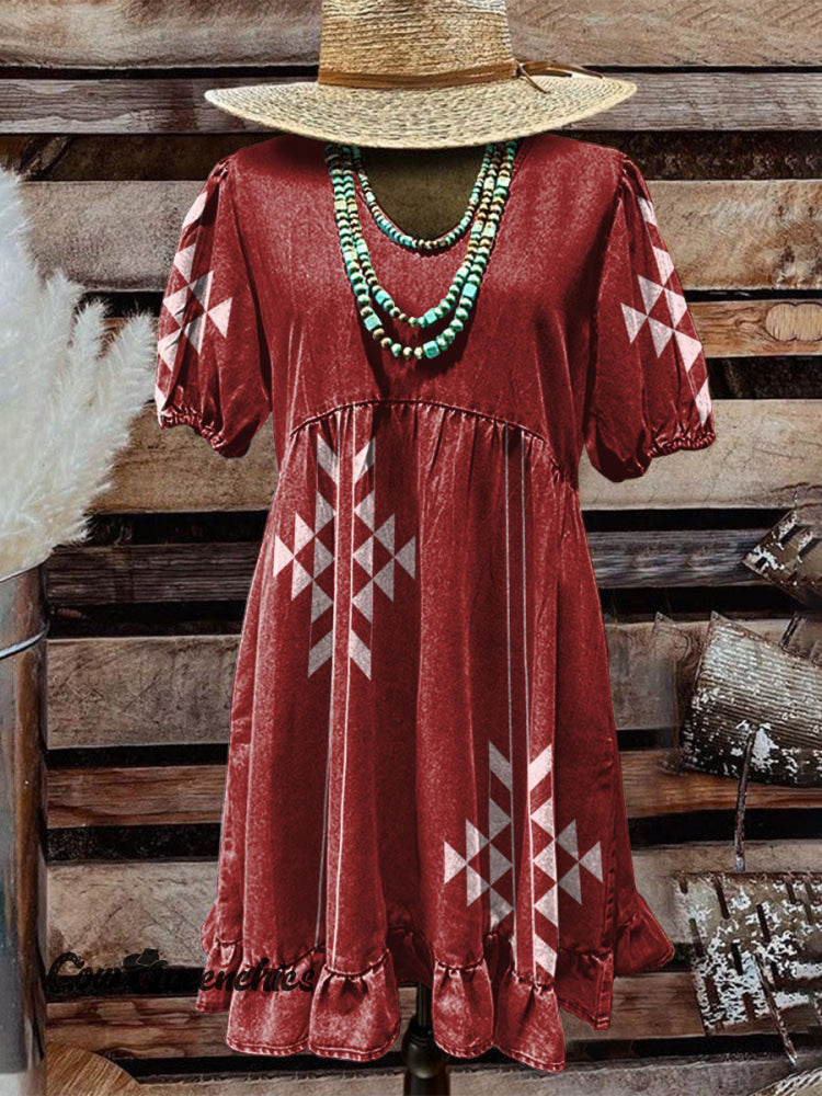 Women’s Vintage Western Art Print Pocket Cotton Dress Multicolor / S