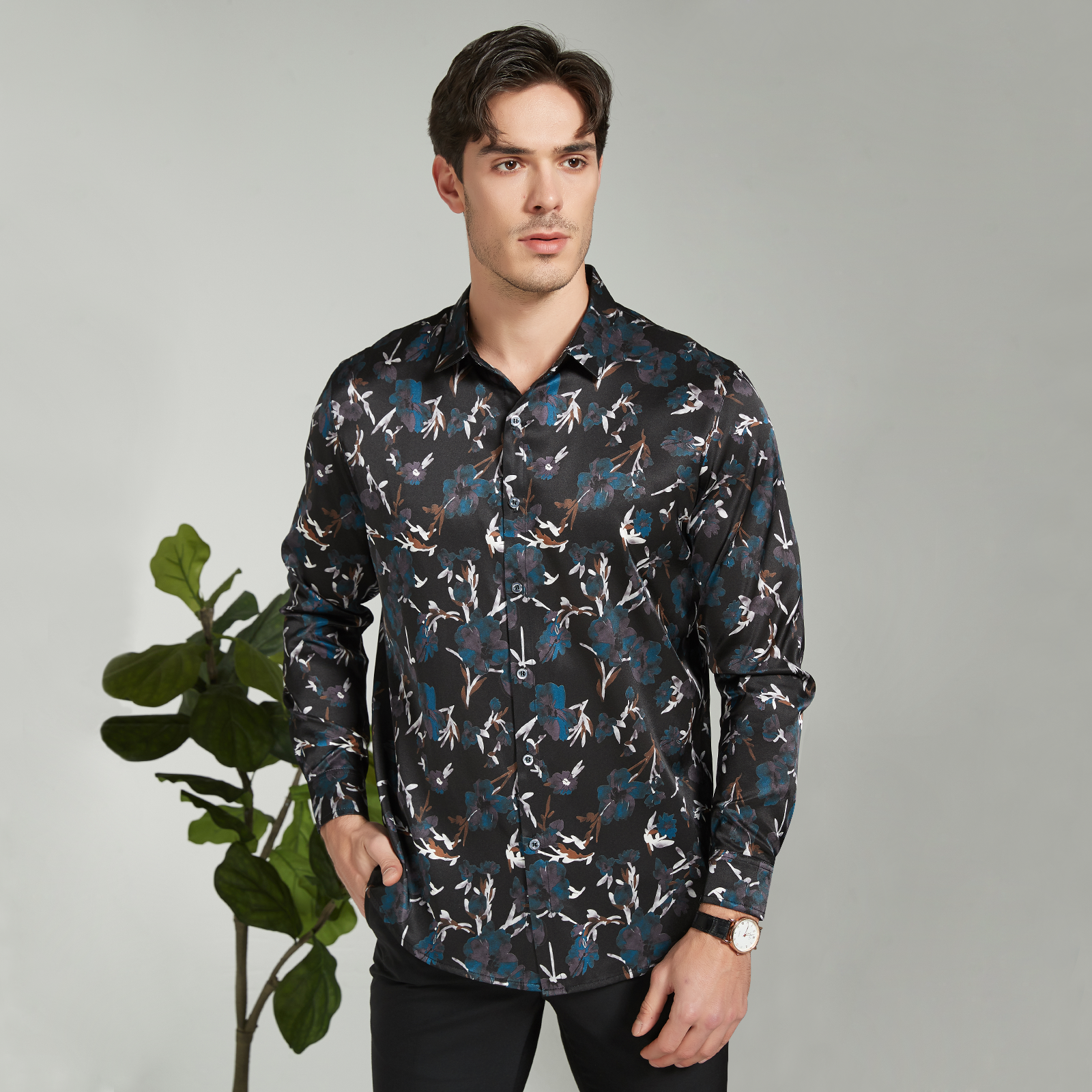 No-Iron Wrinkle-Free Froral Men's Silk Shirt Long Sleeves REAL SILK LIFE