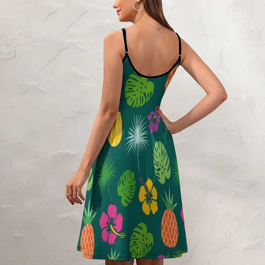 Green Pineapple Hawaii Leaves Floral Spaghetti Strap Dress Casual Ruffle Boho Custom A-Line Party Dresses Leaf-S Green Pineapple Hawaii Leaves Floral Spaghetti Strap Dress Casual Ruffle Boho Custom A-Line Party Dresses Leaf-S