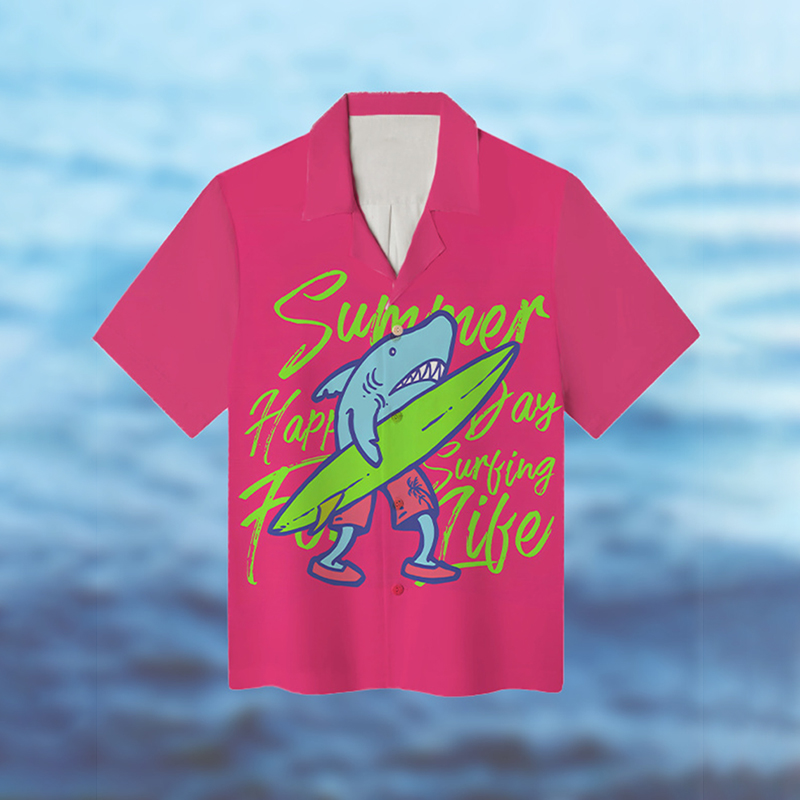 Men's Shark Surfing Art Print Linen Blend Cozy Shirt