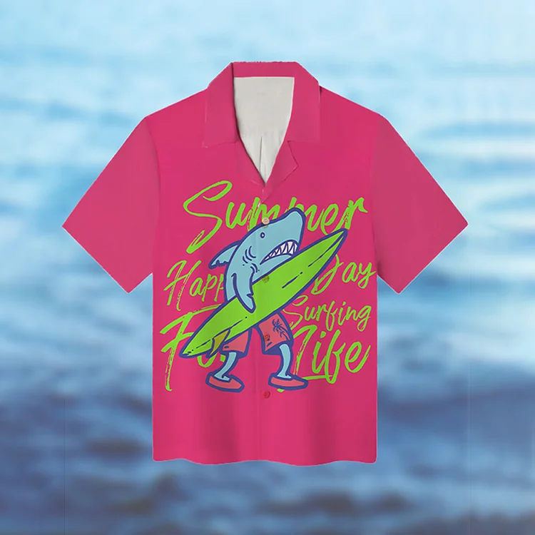 Simpfit Gemütliches Herrenhemd aus Nachahmung aus Nachahmung aus Baumwolle und Leinen mit Hai-Surf-Kunstdruck