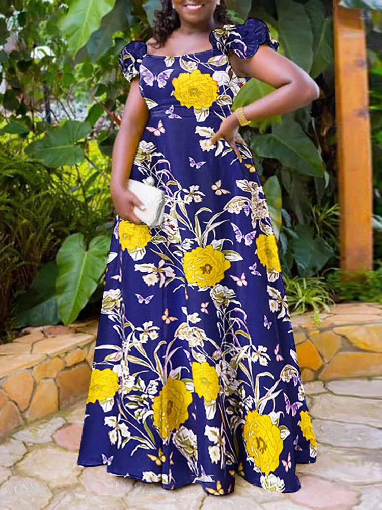 Flower Print Ruffle Sleeve High Waist A-line Maxi Dress SKUJ39983 QueenFunky