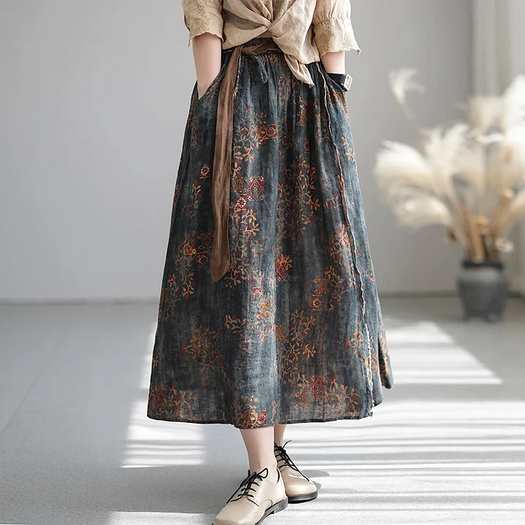 Plus Size Cozy Vintage Floral Casual Linen Skirt