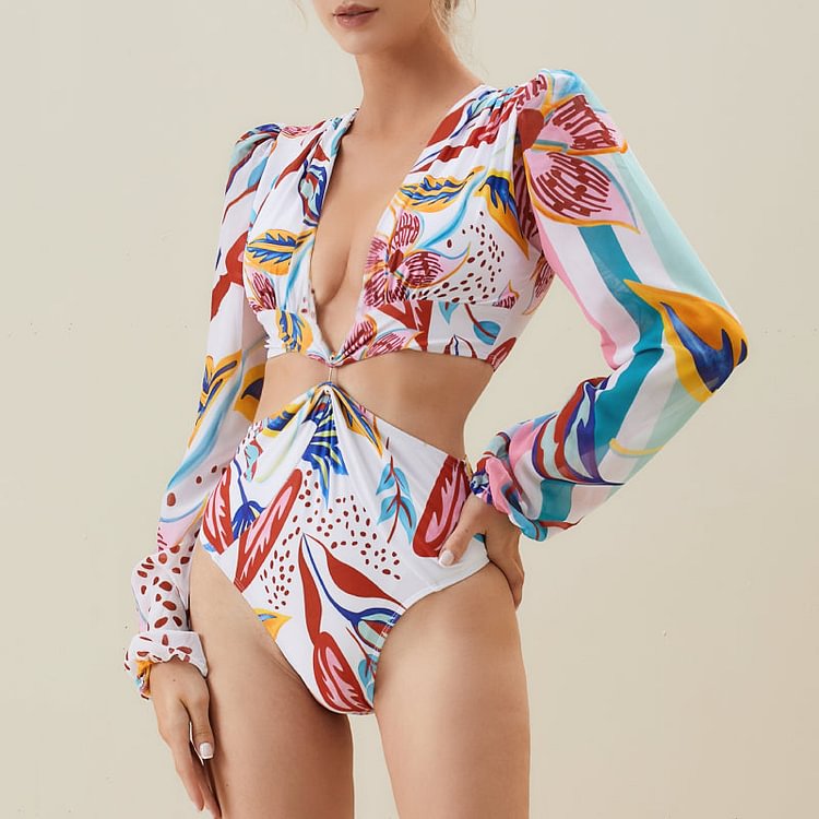 Long Sleeve Cut Out Floral Print Sexy One Piece Swimsuit
