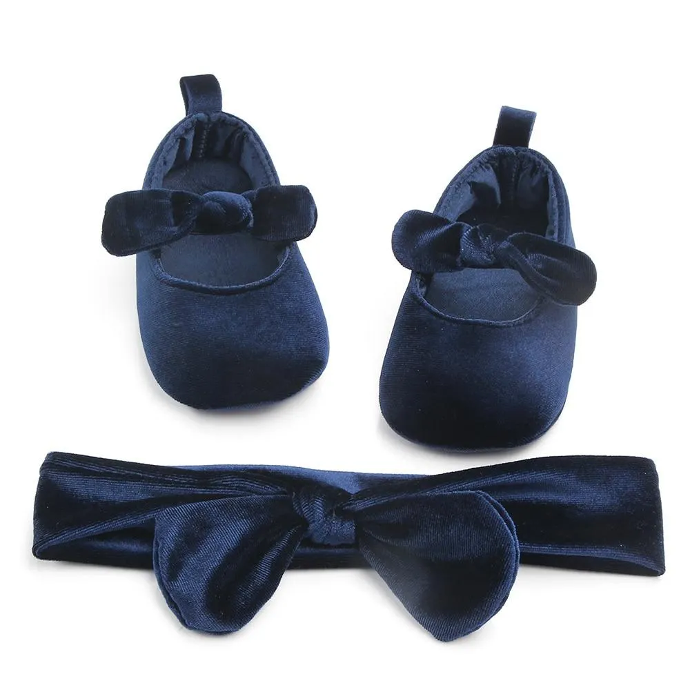 Newborn Baby Boy Girl Velvet Bowknot First Walkers Casual Shoes Soft With Hairband Infant Solid Anti Slip Princess Shoes