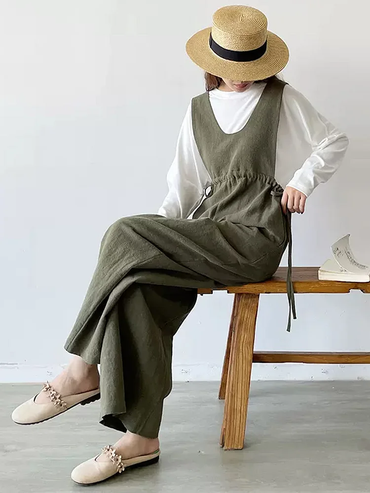 Women Summer Solid Drawstring Pocket V-Neck Linen Jumpsuits