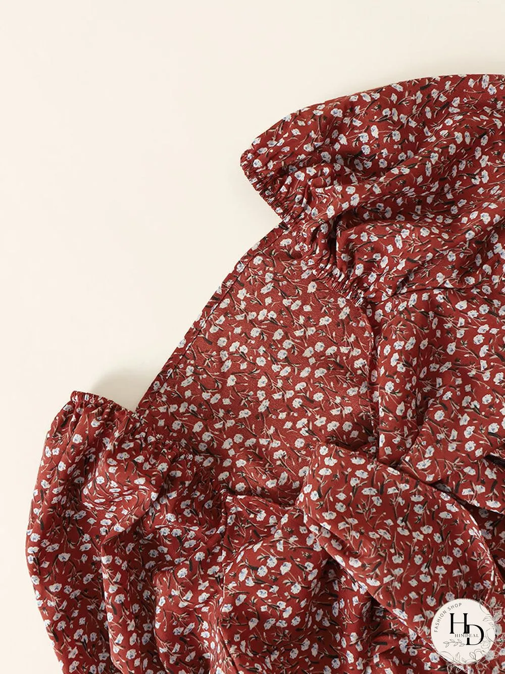 Allover Floral Print Bowknot Puff Sleeve V-neck Crop Top