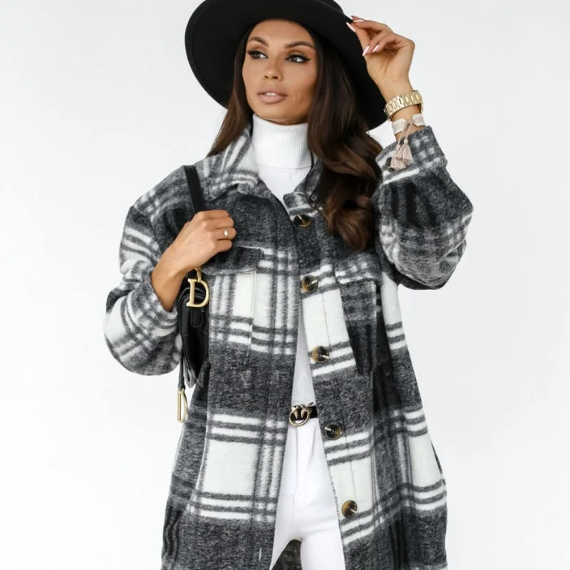 Winter Checked Jackets Coats Women Fashion Casual Oversized Turn Down Collar Long Outwear Thick Warm Woolen Blends Overcoats