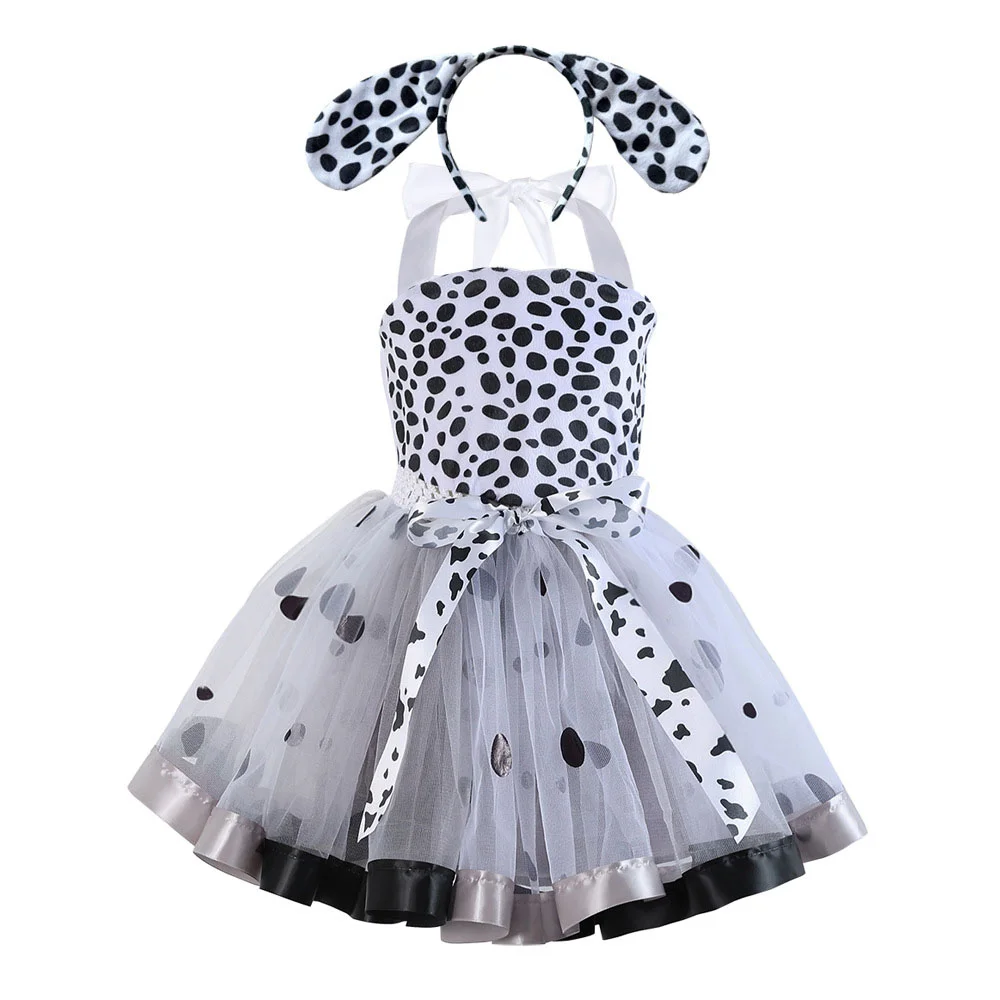 Kids Children Movie Cruella Spotted Dog White Dress Set Outfits Cosplay Costume Halloween Carnival Suit