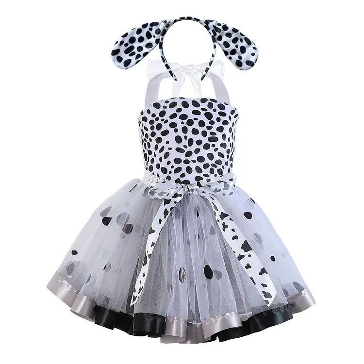 Kids Children Cruella&nbsp;Spotted Dog White Dress&nbsp;Set&nbsp;Outfits&nbsp;Cosplay Costume Halloween Carnival Suit