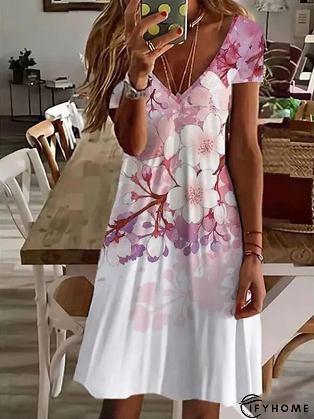 Women's Casual Dress Summer Dress Print Dress Floral Print V Neck Mini Dress Basic Fashion Outdoor Daily Short Sleeve Regular Fit White Pink Red Spring Summer S M L XL XXL | IFYHOME