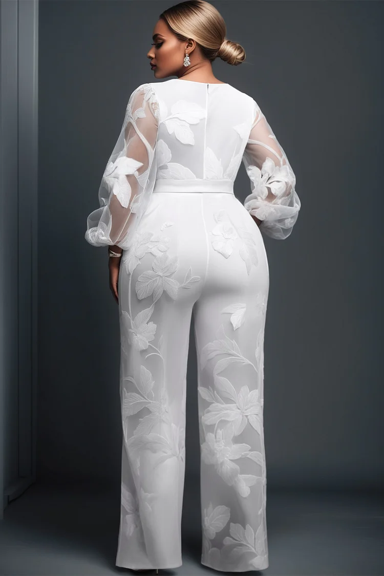 Xpluswear Design Plus Size Business Casual White Elegant V Neck Long Sleeve See Through Jumpsuits [Pre-Order]