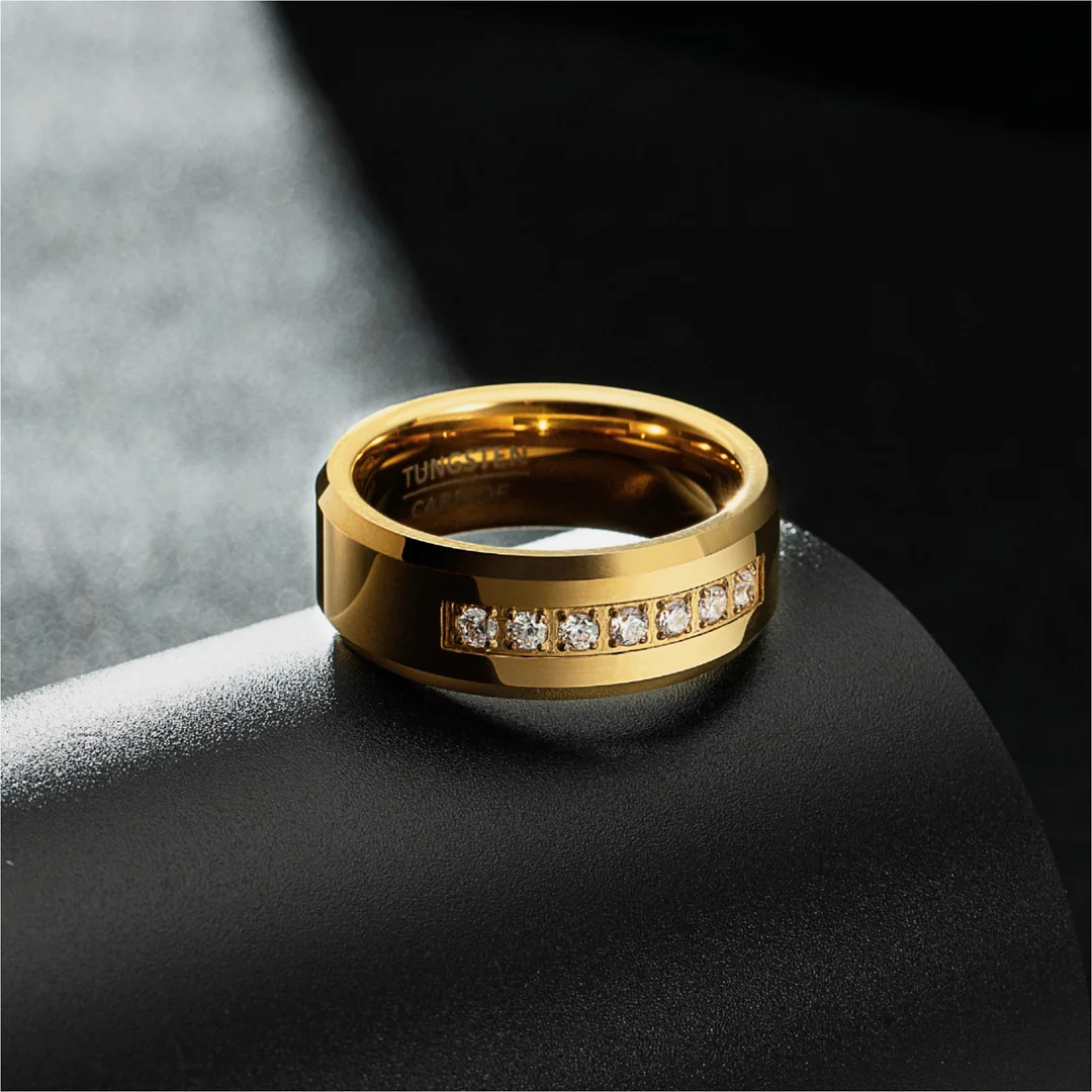 8MM Gold Cubic Zirconia Inlay Tungsten Carbide Men's Wedding Bands
