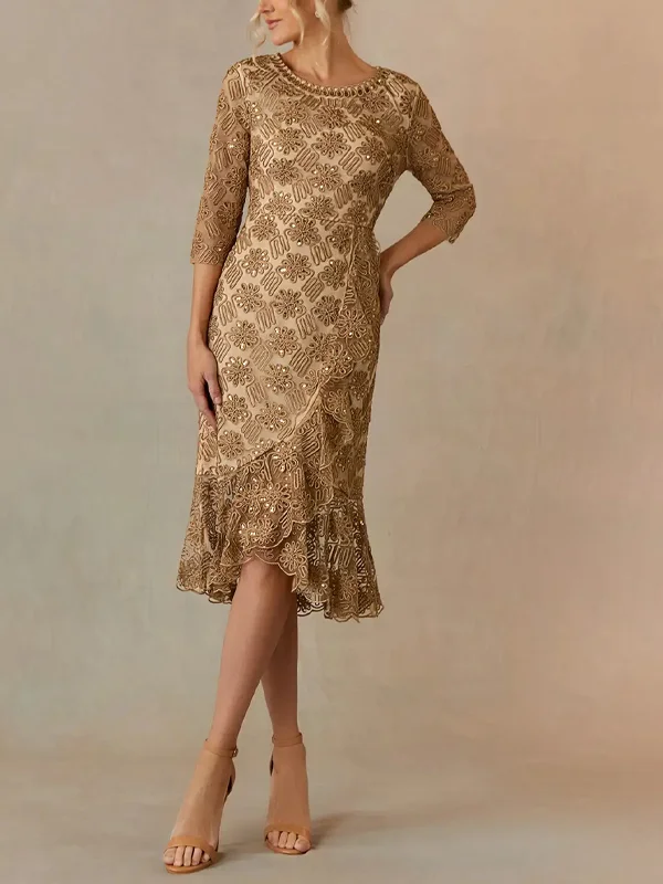 Round Neck Lace Sequins Midi Dress