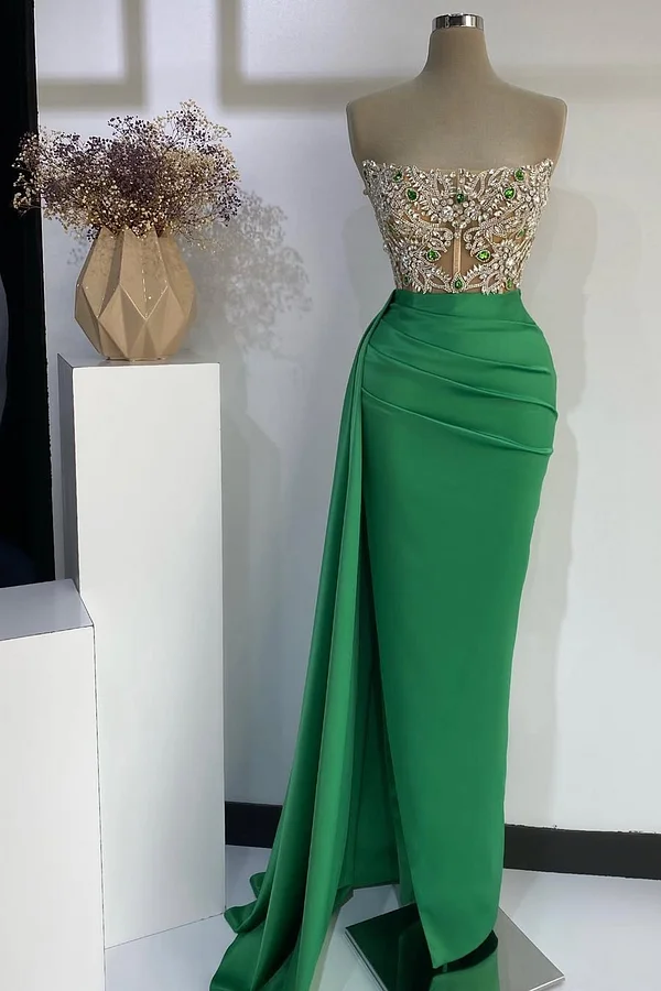 Daisda Green Sleeveless Strapless Square Mermaid Beads Prom Dress