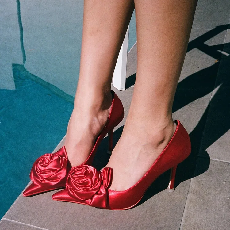 Red satin pumps with on sale rhinestones