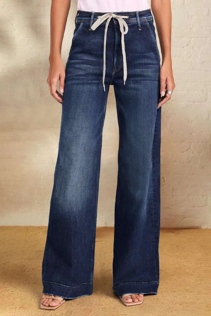 Women's Lace-up Elastic Jeans Straight Wide-leg Denim Jeans Western Cowgirl Style