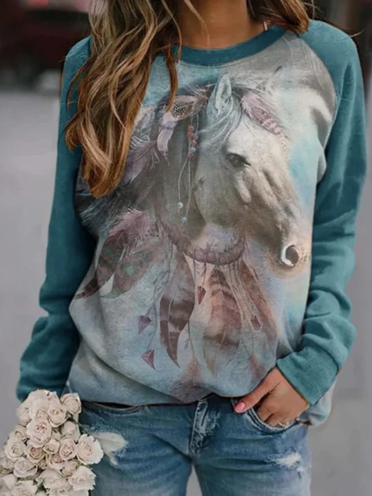 Horse Art Print Contrast Color Sweatshirt