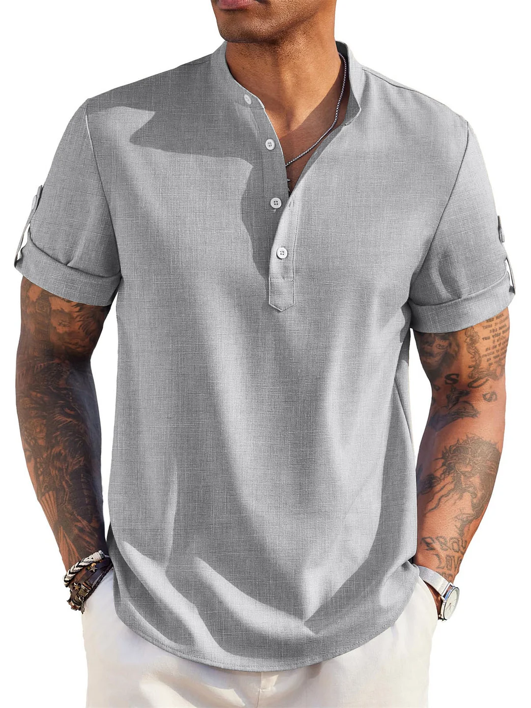 Suitmens Men's Cotton And Linen Stand Collar Basic Casual Short-sleeved Shirt