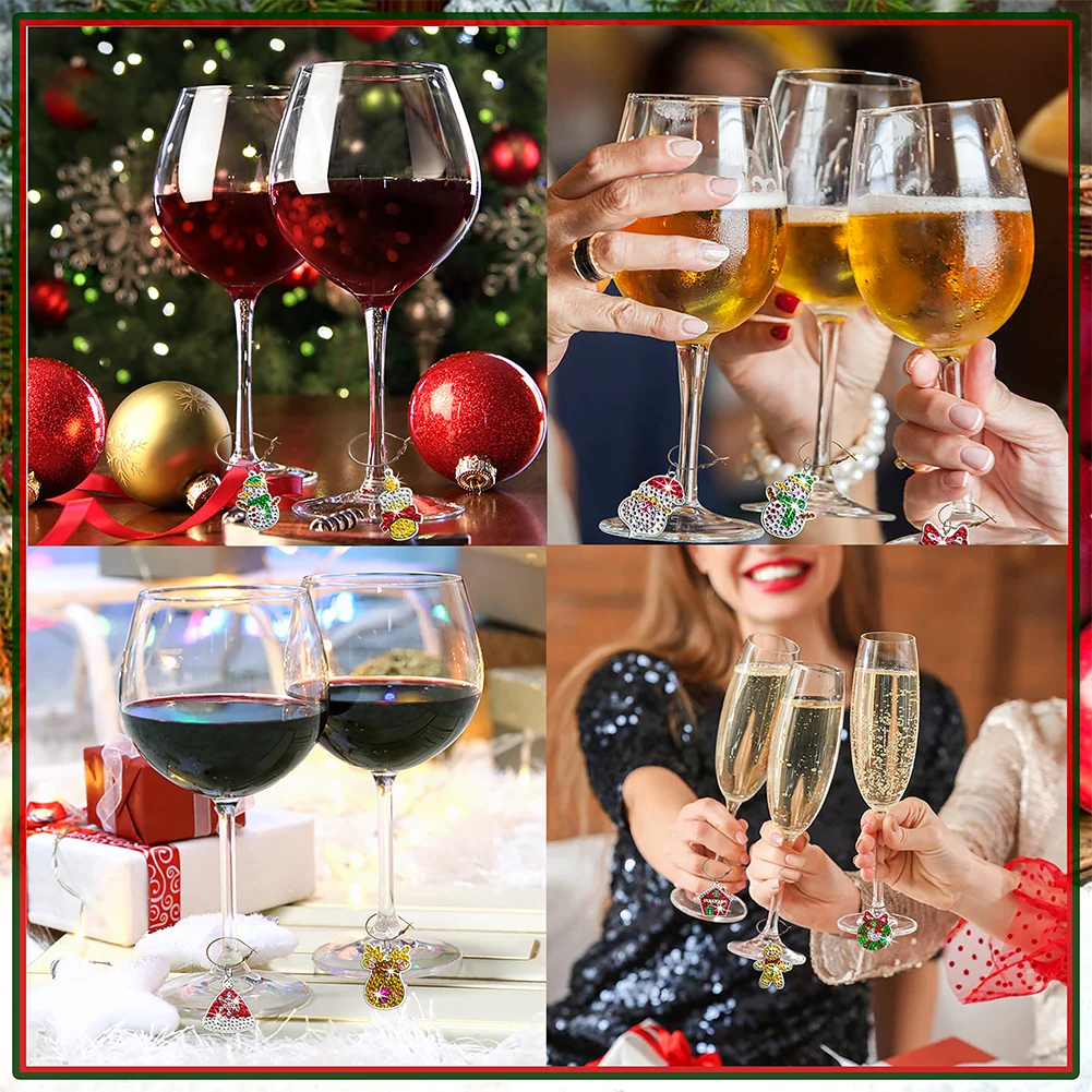 8pcs Diamond Painting Art Pendant Santa Diamond Wine Glass Charms Snowman Wreath