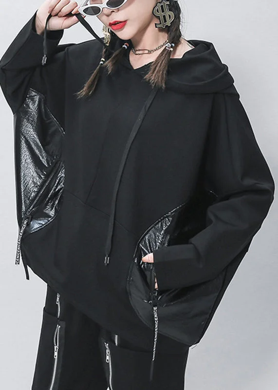 Urban Loose Solid Color Hooded Patchwork PU Pockets Batwing Sleeve Hoodie