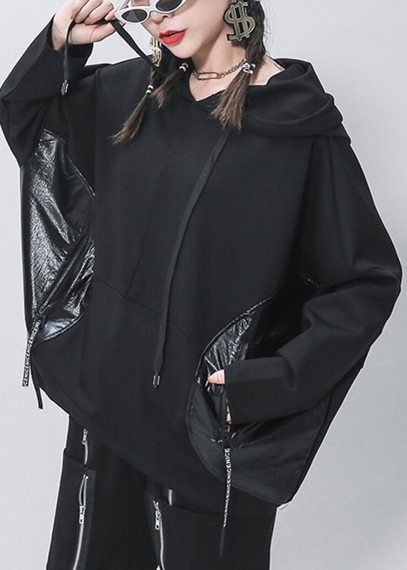 Urban Loose Solid Color Hooded Patchwork PU Pockets Batwing Sleeve Hoodie