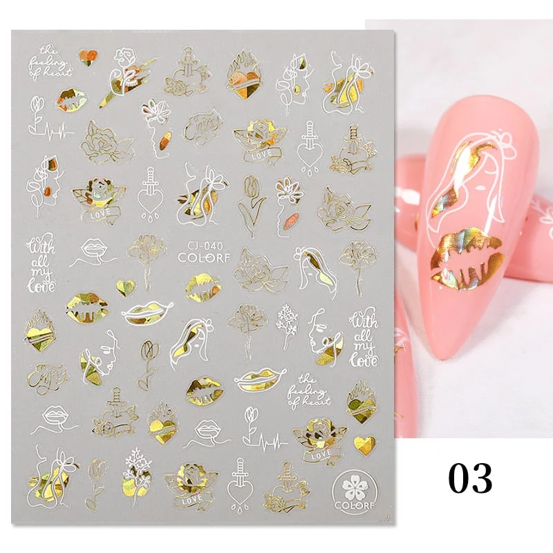 1 Pc White Gold Laser Leaves 3D Nail Stickers Leaf Cute Spring Sliders for Nails Flowers Adhesive Sticker Nail Art Design Decal-Nail Inspo