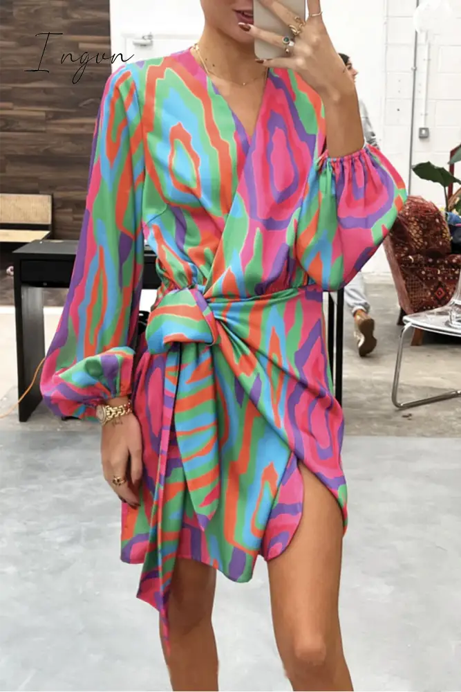 Ingvn - Casual Print Patchwork V Neck Irregular Dress Dresses Red / S Dresses/Print