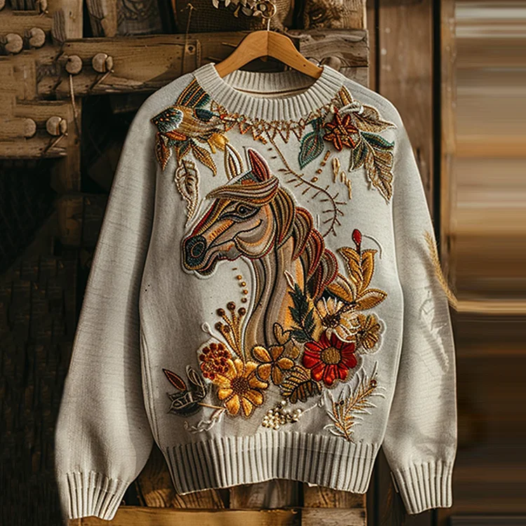 Comstylish Vintage Western Horse Print Round Neck Casual Sweatshirt