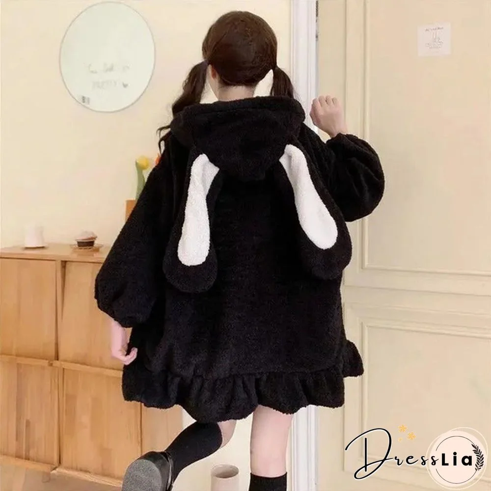 New Women Kawaii Zipper Hooded Coat Rabbit Ears Cute Sweet Girls Harajuku Style Warm Jacket