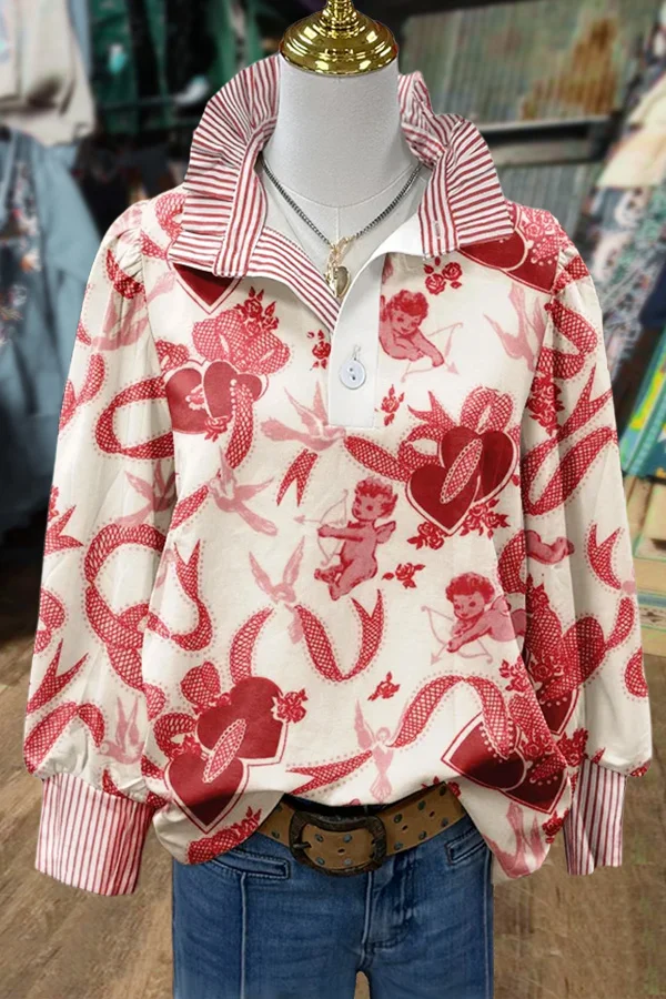 Valentine's Day Cupid Print Striped Top
