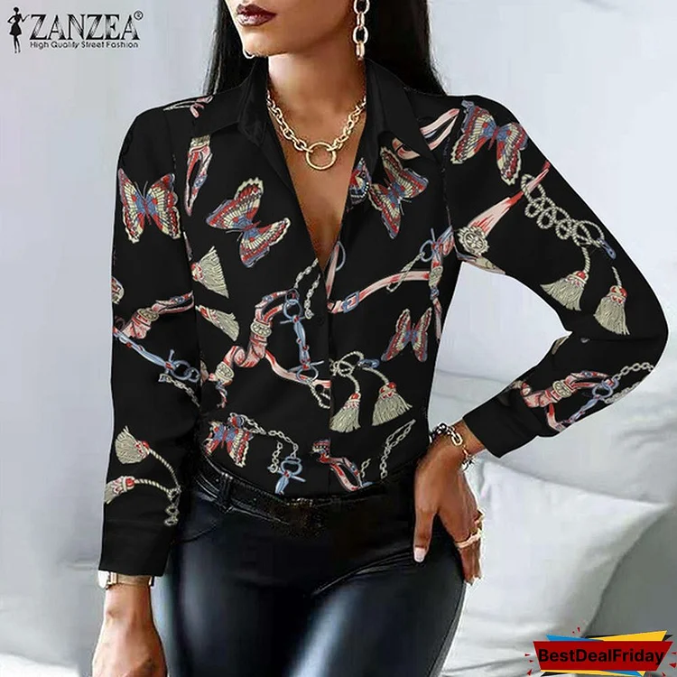 ZANZEA Women Full Sleeved Casual Buttons Down Autumn Blouse Holiday Loose Shirts Tops