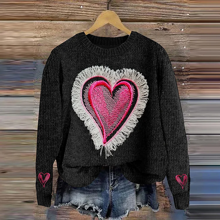 Comstylish Falling Hearts Fringed Casual Cozy Knit Sweater