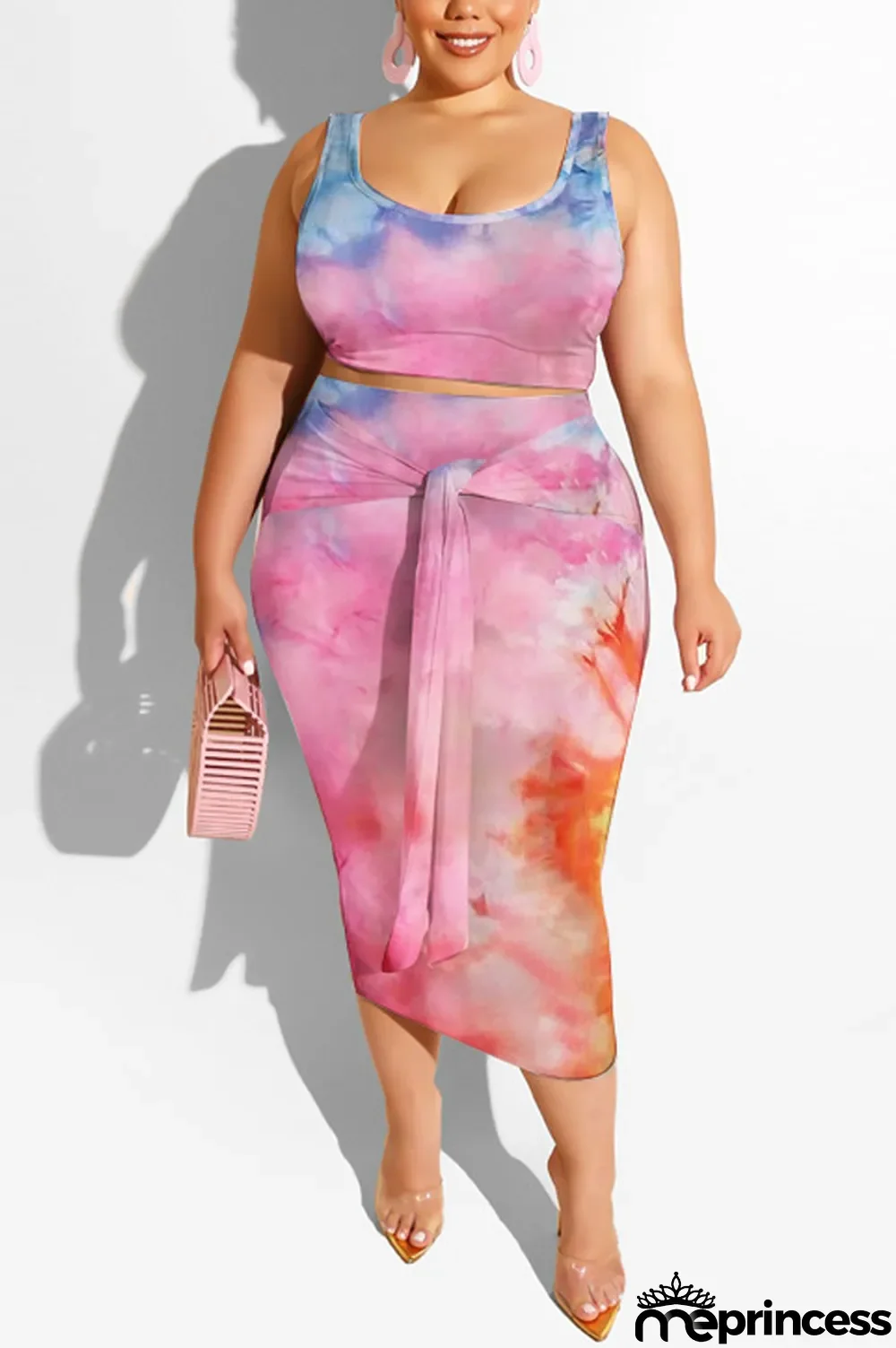 purple Polyester Sexy Slip Print Belt Tie Dye Plus Size