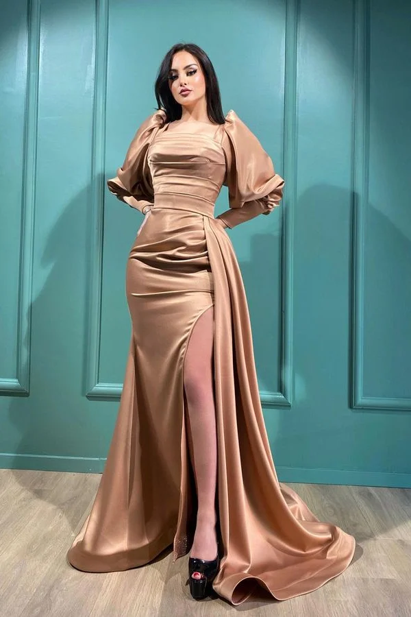 Luluslly Square Bubble Long Sleeves Evening Dress Mermaid Slit With Ruffles