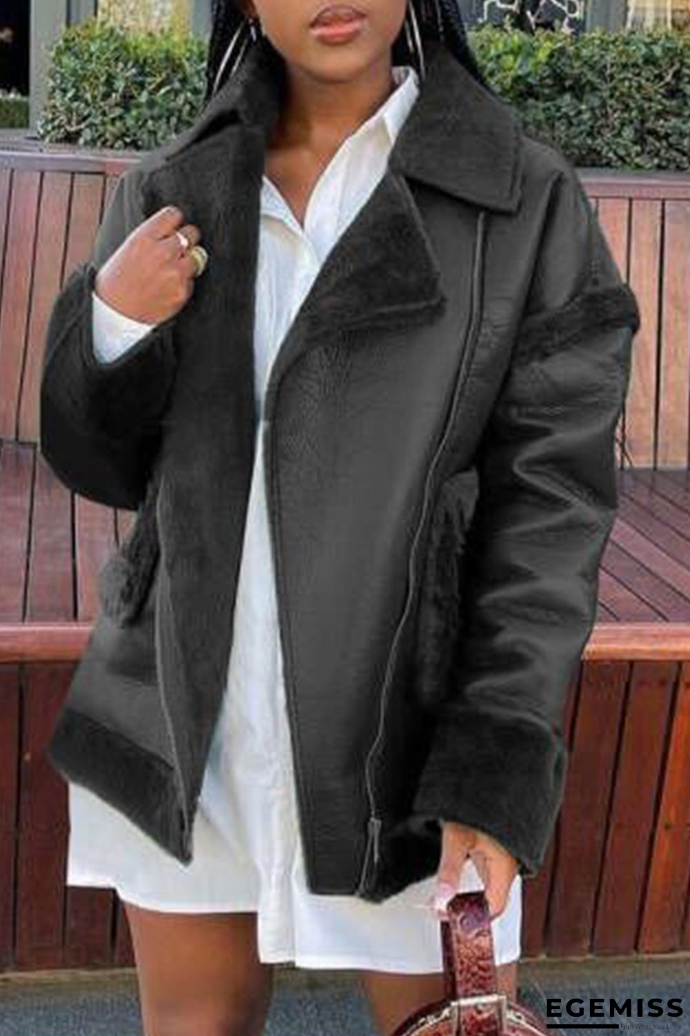 Black Fashion Casual Solid Patchwork Turndown Collar Outerwear | EGEMISS