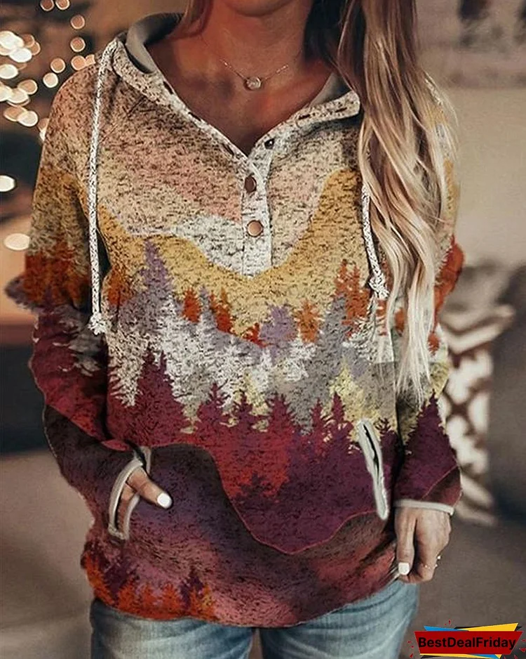 Women's Autumn And Winter Mountain Print Casual Pocket Hoodie & Sweatshirt