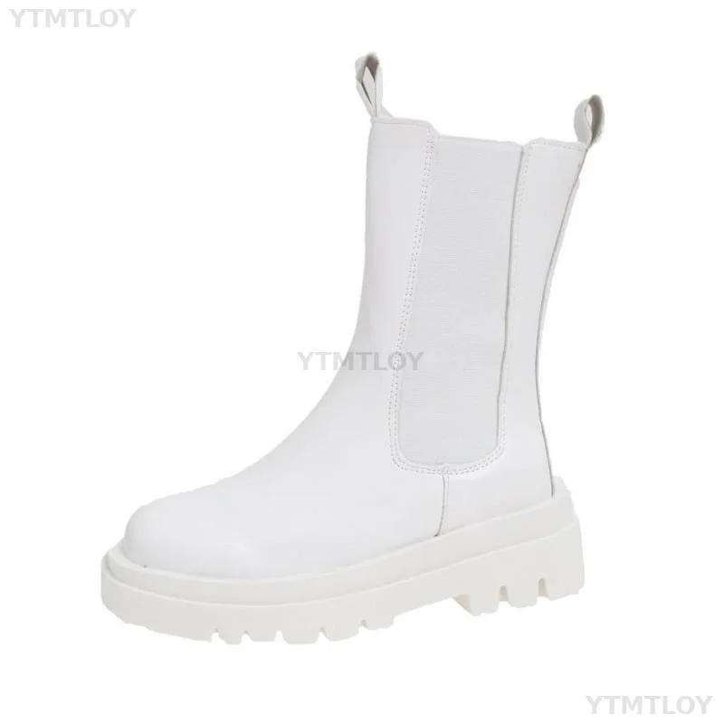 2021 Fashion Boots Women's Winter New Platform Chelsea Mid Calf Square Toe Ytmtloy Stretch Fabric Botas De Mujer Gothic Shoes