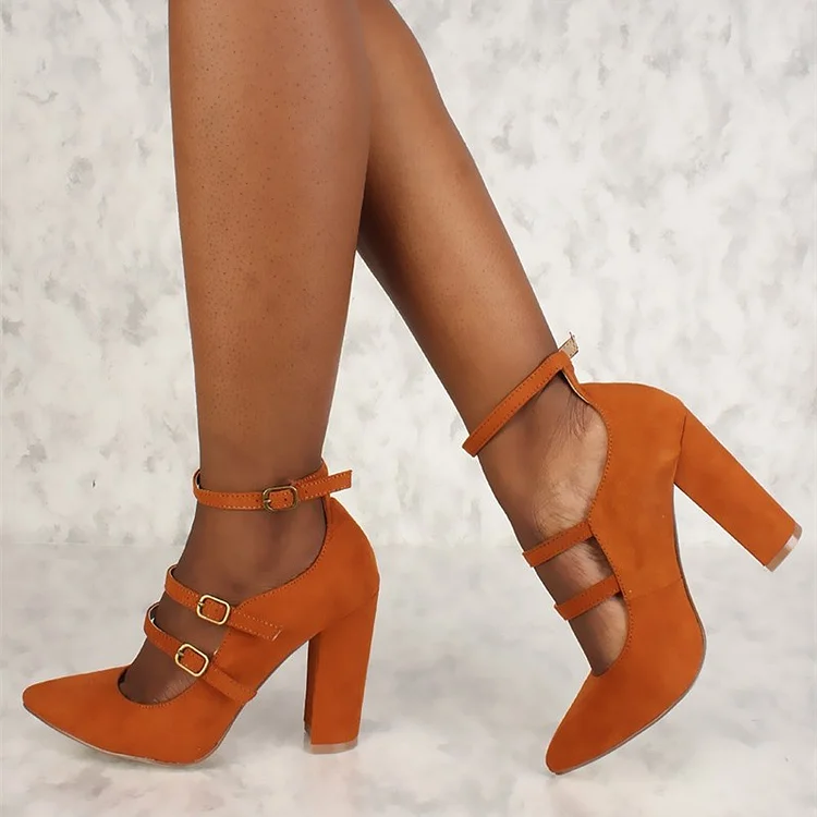 Orange Pointy Toe Mary Jane Pumps Chunky Heels High Heel Shoes |FSJ Shoes