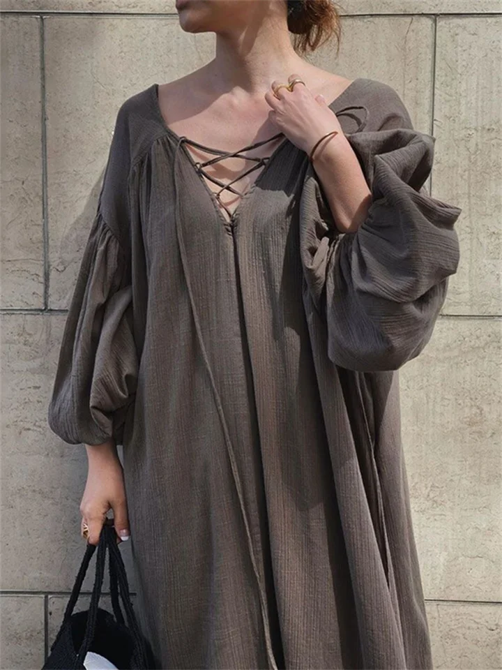 Spring Summer Plus Size Lace Up Bubble Sleeve Loose Dress Long Skirt