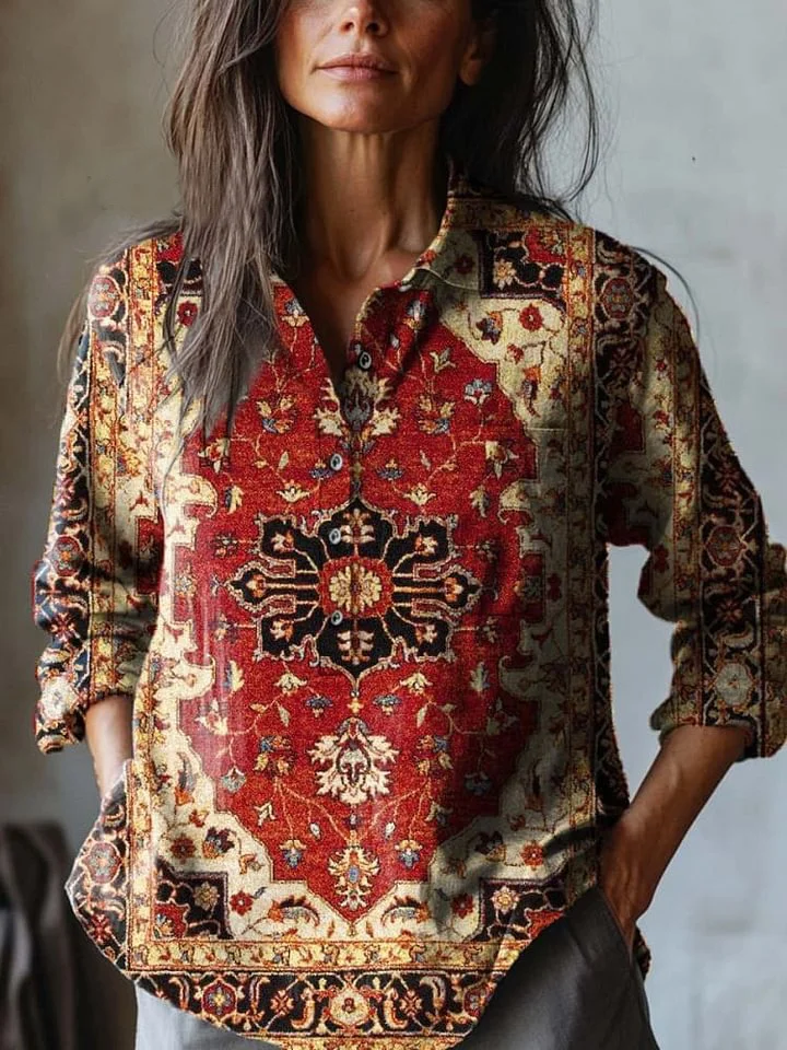 Women's Vintage Lovely Floral Art Print Casual Cotton And Linen Shirt