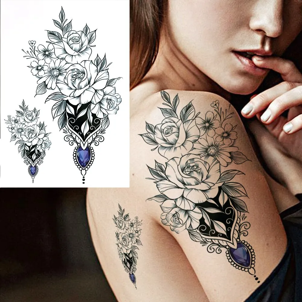 3D Flower Triangle Temporary Tattoos For Women Girl Fake Wolf Deer Geometry Tattoo Sticker Peony Dahlia Body Art Adults Tatoos
