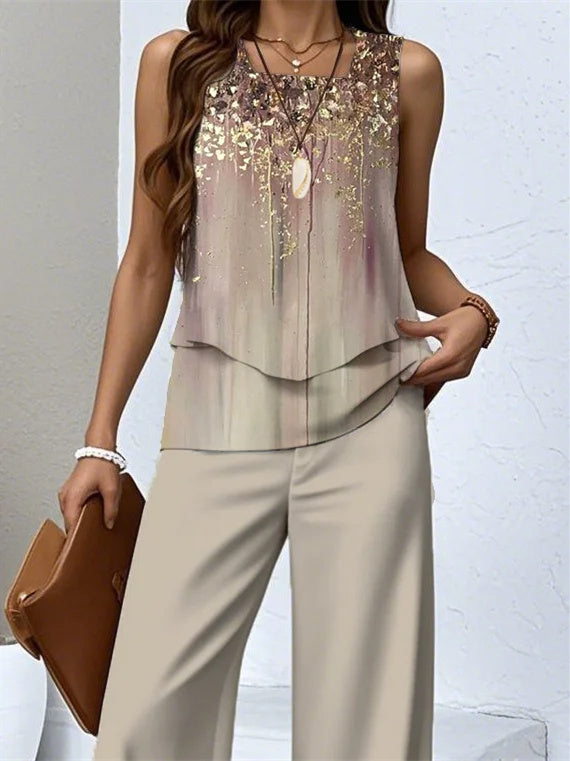 Women's Sleeveless Square Collar Graphic Printed Casual Set