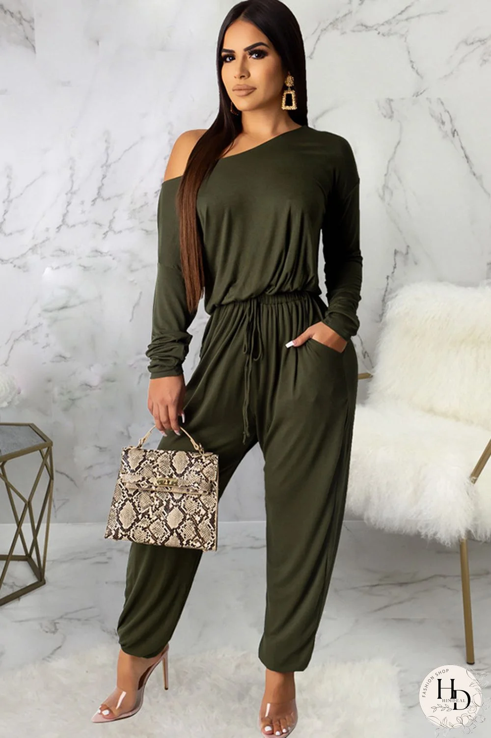Army Green Sexy Solid Long Sleeve one shoulder collar