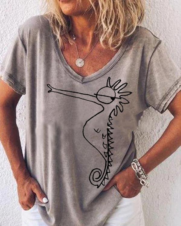 Printed Short Sleeved Casual Cotton Plus Size T-Shirt