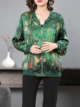 Cozy Green O-Neck Print Zip Up Silk Coats Long Sleeve <Shipping in 24 hours>