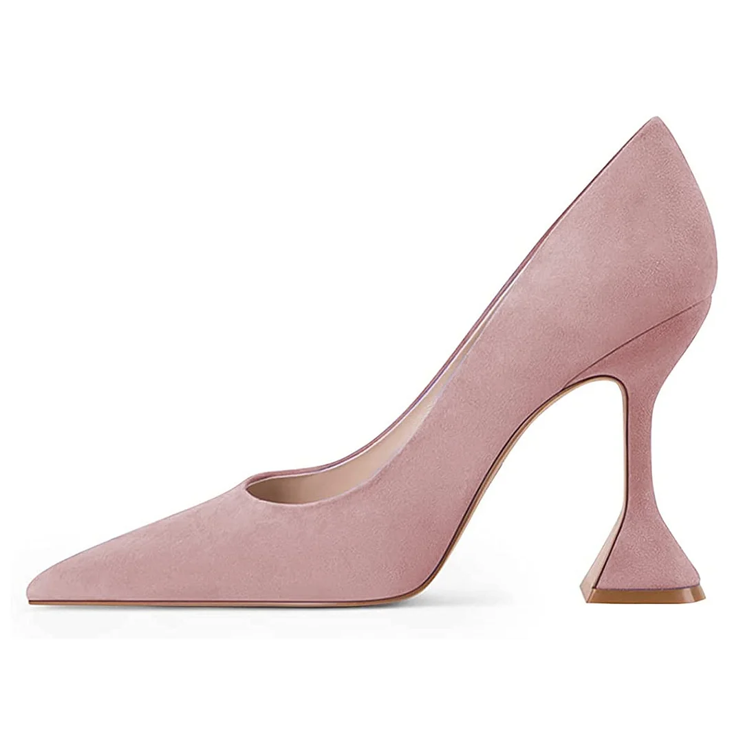 Vegan Suede Pointed Toe Flared Heel Pumps Shoes in Light Pink
